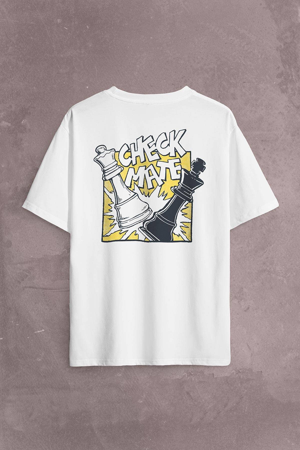 Şah Mat Satranç Check Mate Chess Kral Kraliçe Gambit Sırt Ön Baskılı Beyaz Oversize Tişört Unisex
