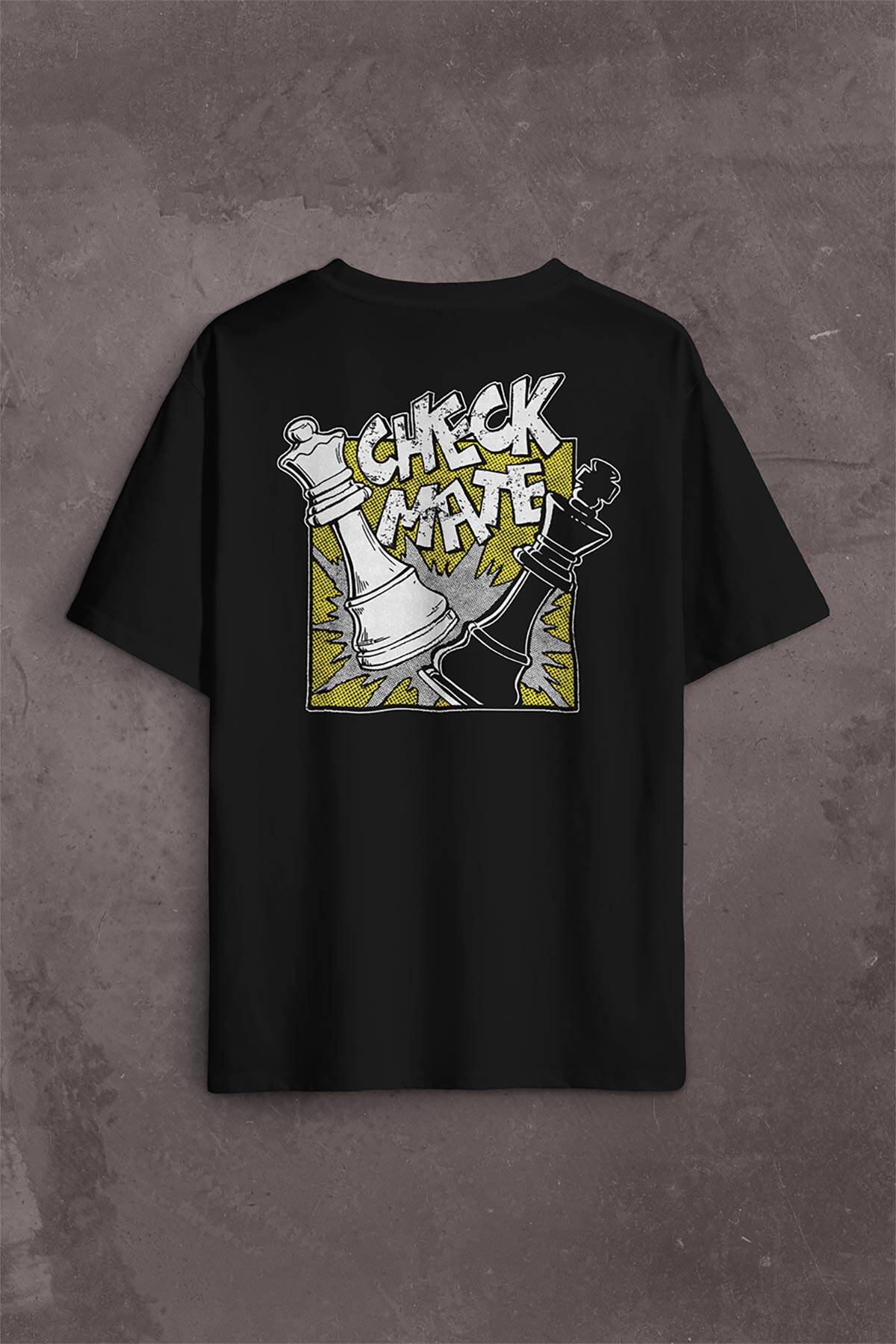 Şah Mat Satranç Check Mate Chess Kral Kraliçe Gambit Sırt Ön Baskılı Siyah Oversize Tişört Unisex