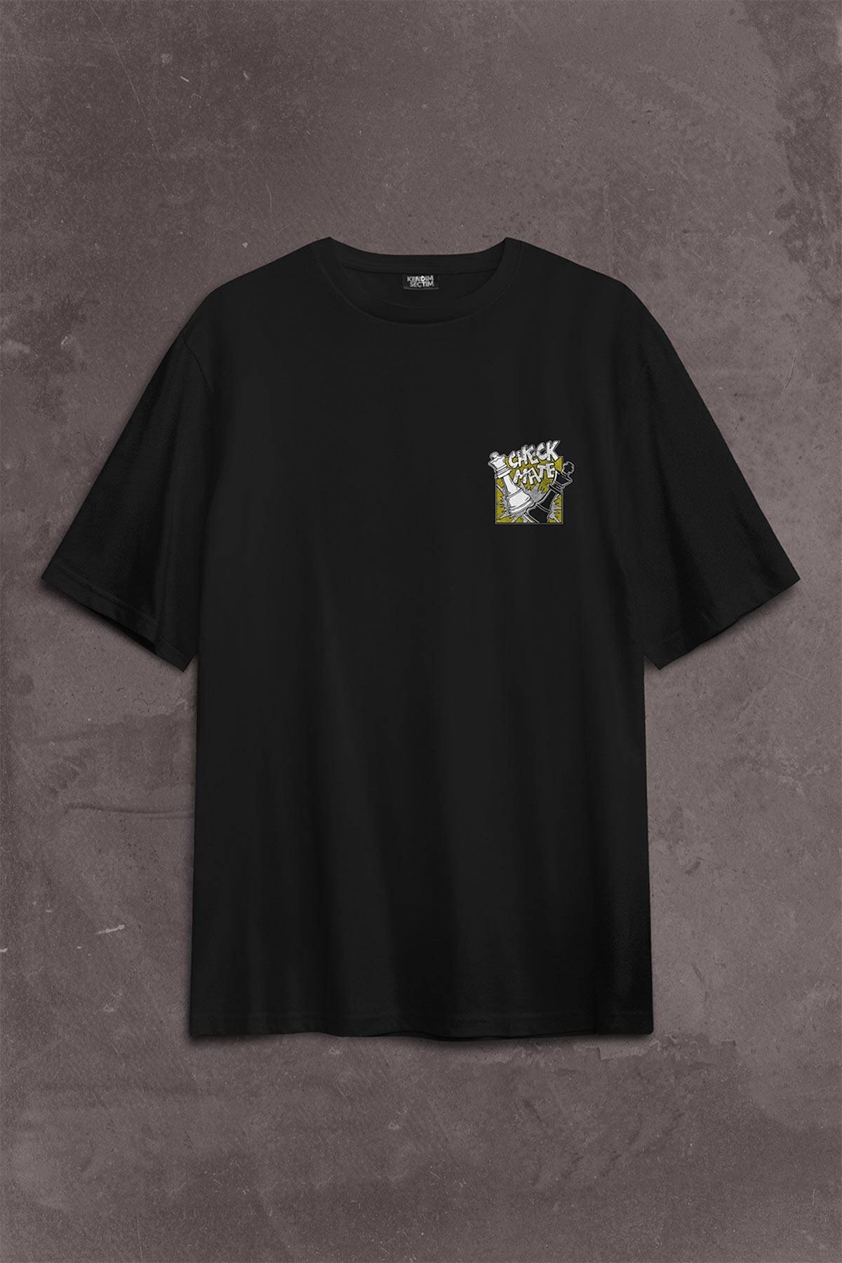 Şah Mat Satranç Check Mate Chess Kral Kraliçe Gambit Sırt Ön Baskılı Siyah Oversize Tişört Unisex (1)