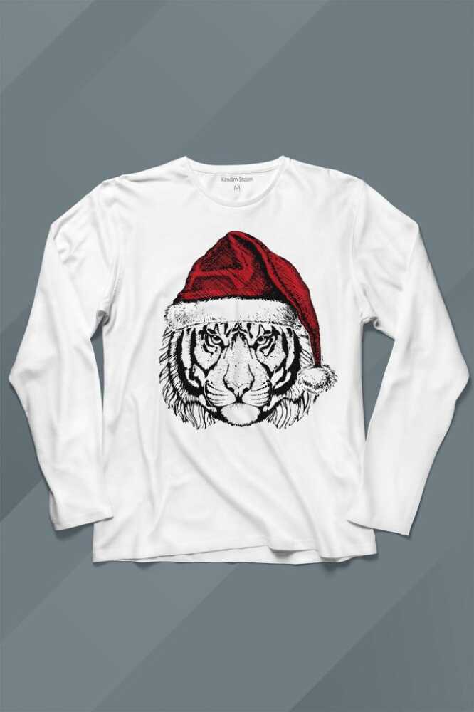 Santa Tiger Noel Şapkalı Kaplan Kafası Yılbaşı Christmas Beyaz Unisex Uzun Kollu Tişört