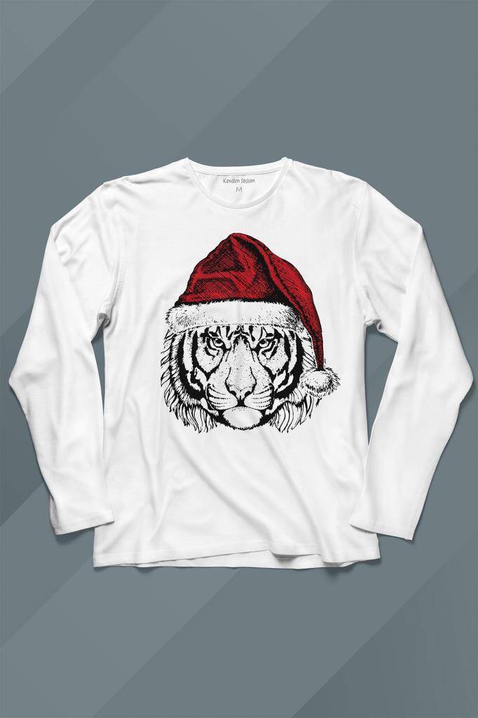 Santa Tiger Noel Şapkalı Kaplan Kafası Yılbaşı Christmas Beyaz Unisex Uzun Kollu Tişört - 1