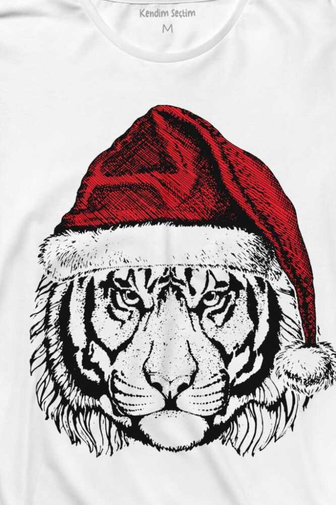 Santa Tiger Noel Şapkalı Kaplan Kafası Yılbaşı Christmas Beyaz Unisex Uzun Kollu Tişört (1)