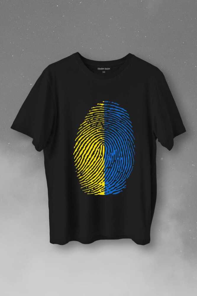 Sarı Lacivert Parmak İzi Baskılı Siyah Tişört Unisex