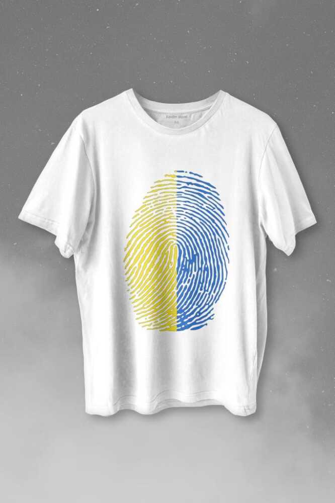 Sarı Lacivert Parmak İzi Baskılı Beyaz Tişört Unisex
