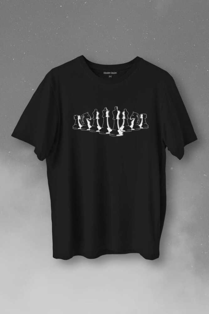 Satranç Taşları Takımı Şah Vezir Fil Kale Baskılı Siyah Tişört Unisex