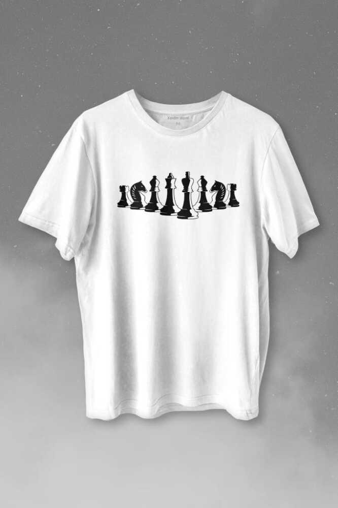 Satranç Taşları Takımı Şah Vezir Fil Kale Baskılı Beyaz Tişört Unisex