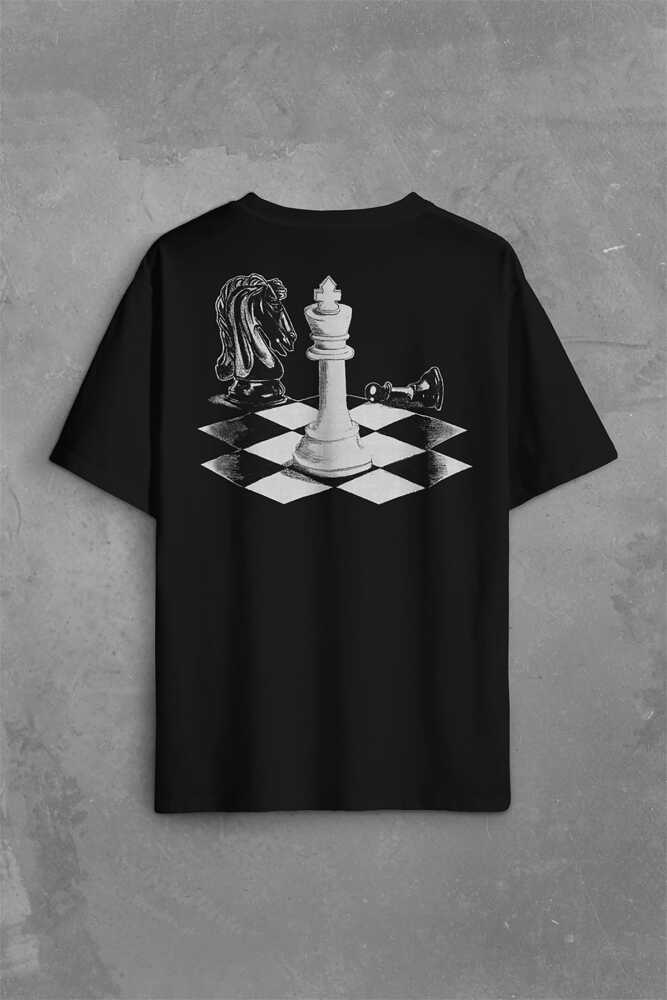 Satranç Zeka Oyunu Şah Mat Vezir Chess Sırt Ön Baskılı Siyah Oversize Tişört Unisex (1)