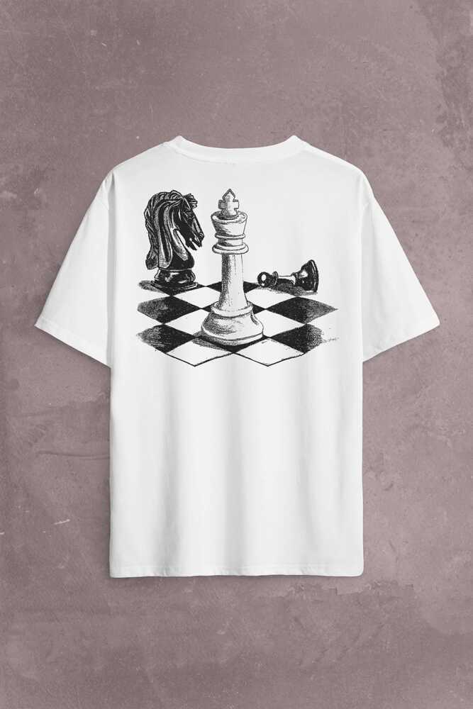 Satranç Zeka Oyunu Şah Mat Vezir Chess Sırt Ön Baskılı Beyaz Oversize Tişört Unisex (1)