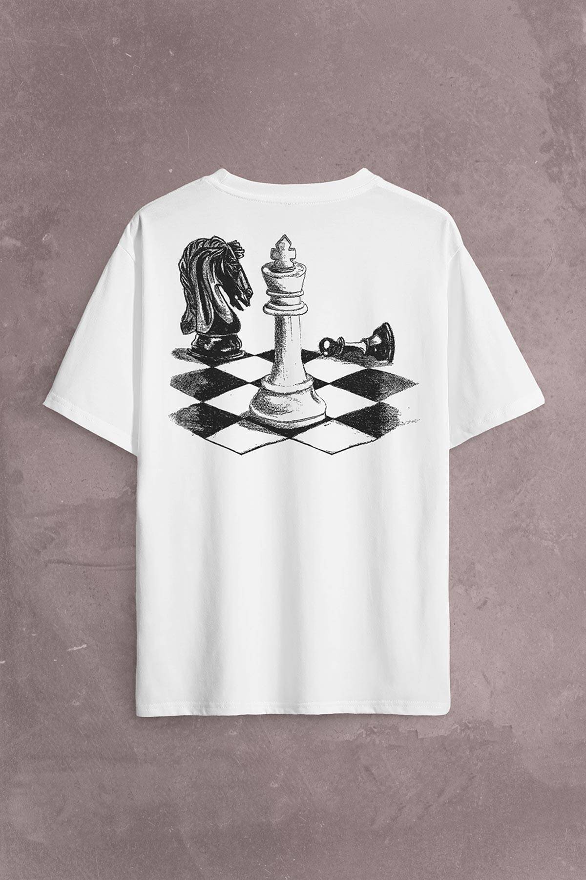 Satranç Zeka Oyunu Şah Mat Vezir Chess Sırt Ön Baskılı Beyaz Oversize Tişört Unisex (1)