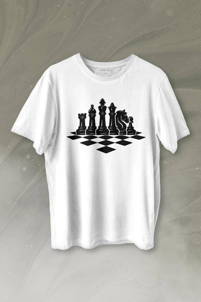 Satranç Tahtası Zeka Strateji Oyunu Baskılı Beyaz Tişört Unisex