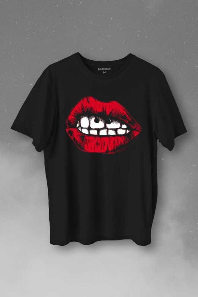 Seksi Dudaklar Sexy Piercing Kadın Ağzı Baskılı Siyah Tişört Unisex