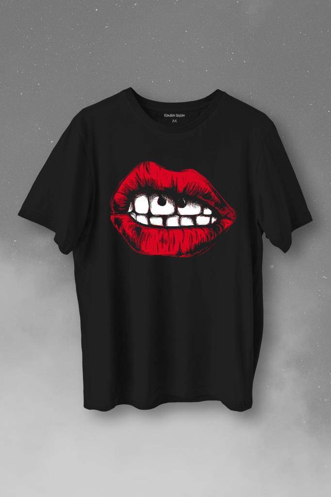 Seksi Dudaklar Sexy Piercing Kadın Ağzı Baskılı Siyah Tişört Unisex
