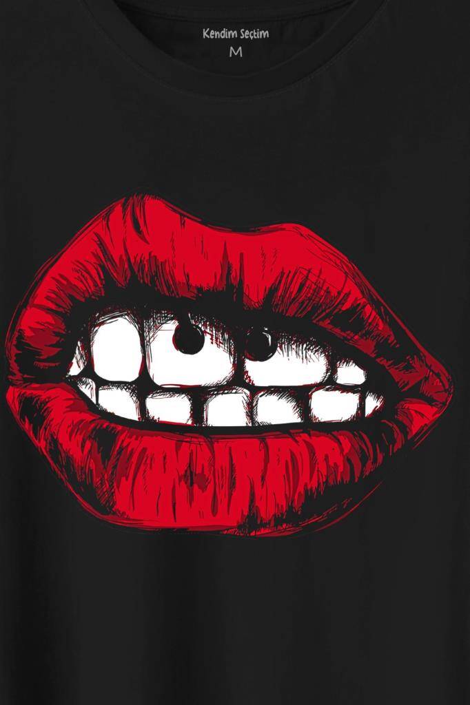Seksi Dudaklar Sexy Piercing Kadın Ağzı Baskılı Siyah Tişört Unisex (1)