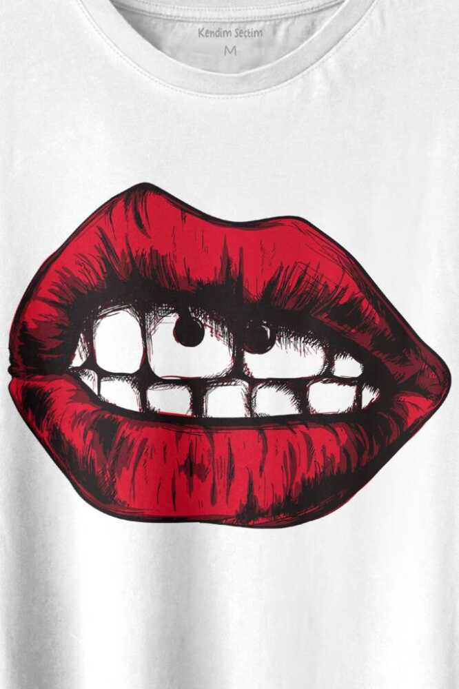 Seksi Dudaklar Sexy Piercing Kadın Ağzı Baskılı Beyaz Tişört Unisex (1)