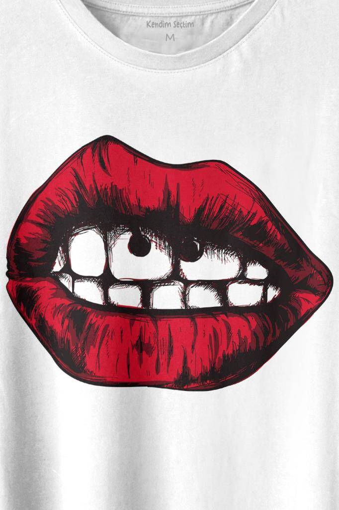 Seksi Dudaklar Sexy Piercing Kadın Ağzı Baskılı Beyaz Tişört Unisex (1)