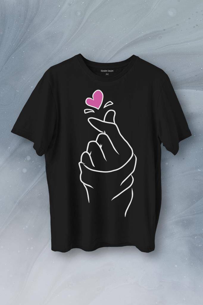 Seni Seviyorum Kore El İşareti Minimal Baskılı Siyah Tişört Unisex