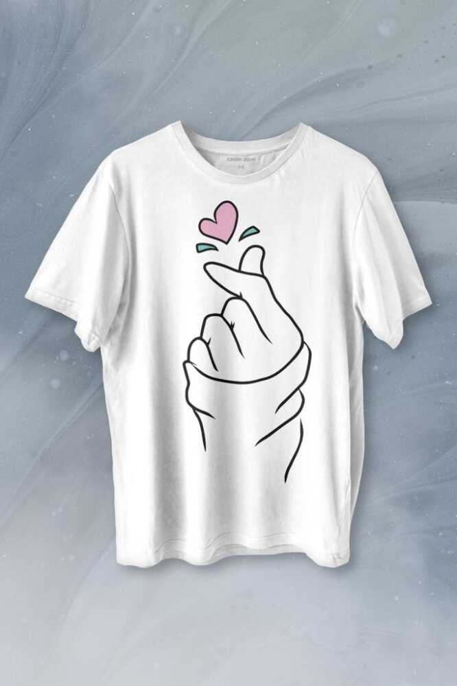 Seni Seviyorum Kore El İşareti Minimal Baskılı Beyaz Tişört Unisex