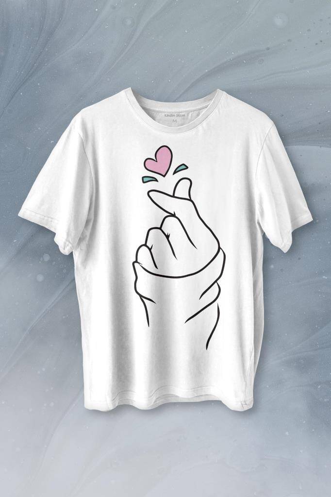 Seni Seviyorum Kore El İşareti Minimal Baskılı Beyaz Tişört Unisex - 1