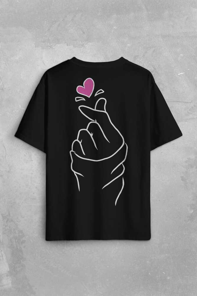 Seni Seviyorum Kore El İşareti Minimal Sırt Ön Baskılı Oversize Tişört Unisex