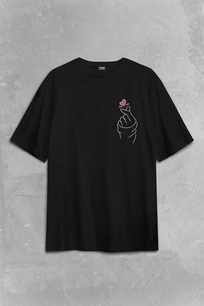 Seni Seviyorum Kore El İşareti Minimal Sırt Ön Baskılı Oversize Tişört Unisex (1)