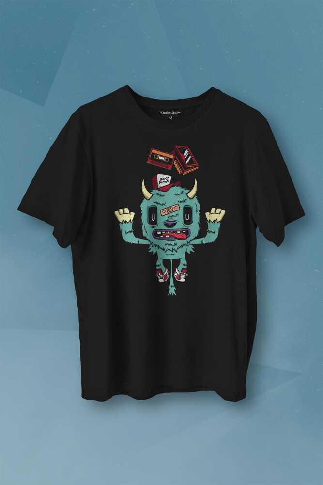 Sevimli Canavar Retro Monster Daft Punk 90lar Baskılı Siyah Tişört Unisex