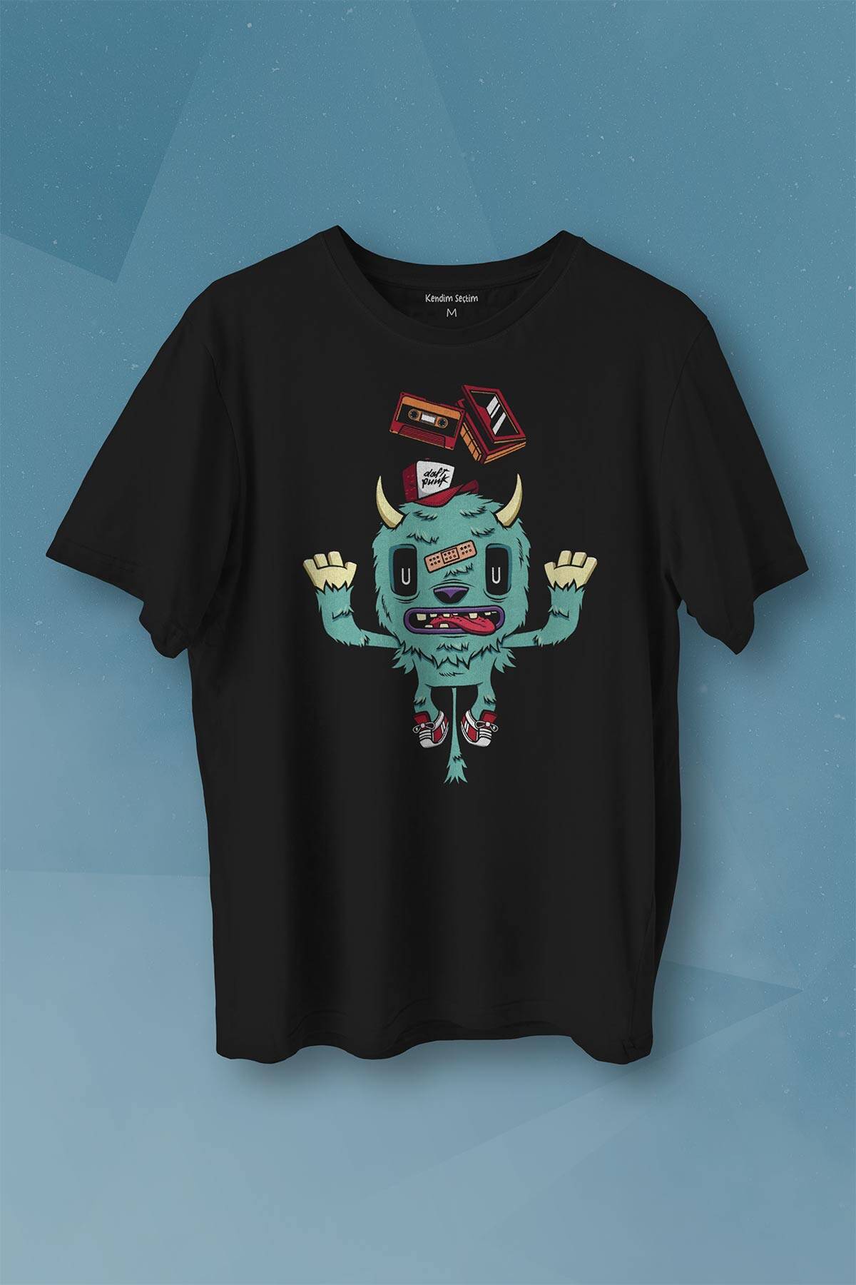 Sevimli Canavar Retro Monster Daft Punk 90lar Baskılı Siyah Tişört Unisex