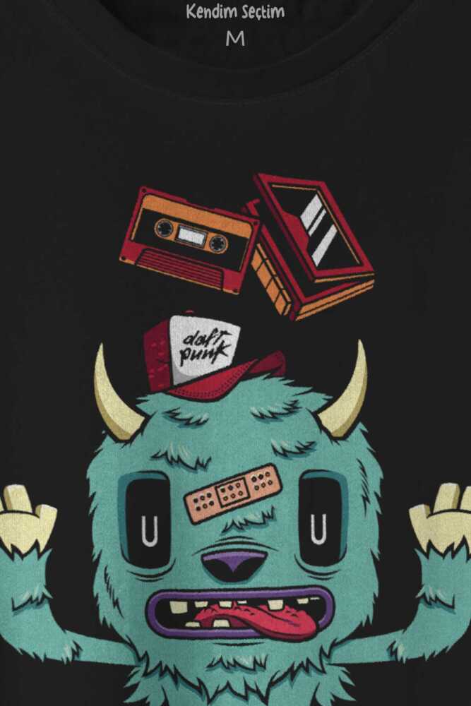 Sevimli Canavar Retro Monster Daft Punk 90lar Baskılı Siyah Tişört Unisex (1)