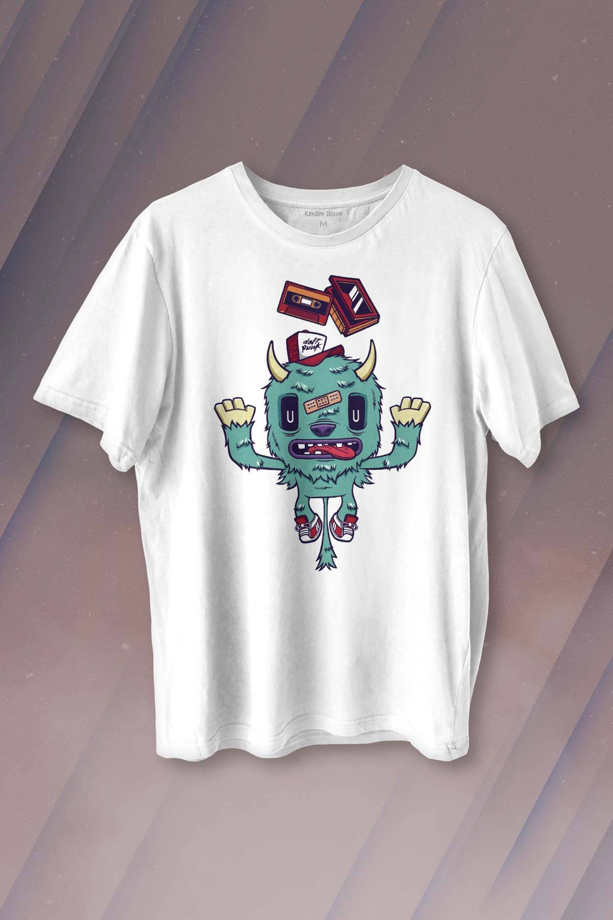 Sevimli Canavar Retro Monster Daft Punk 90lar Baskılı Beyaz Tişört Unisex