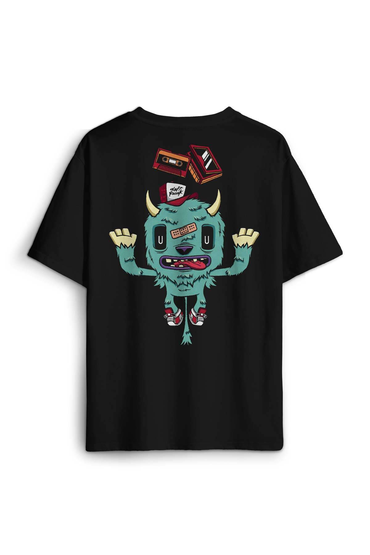 Sevimli Canavar Retro Monster Daft Punk 90lar Sırt Ön Baskılı Oversize Tişört Unisex