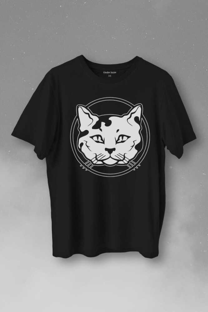 Sevimli Kedi Minik Bıyıklı Cat Minnoş Baskılı Siyah Tişört Unisex