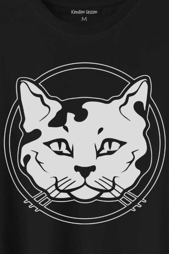 Sevimli Kedi Minik Bıyıklı Cat Minnoş Baskılı Siyah Tişört Unisex (1)