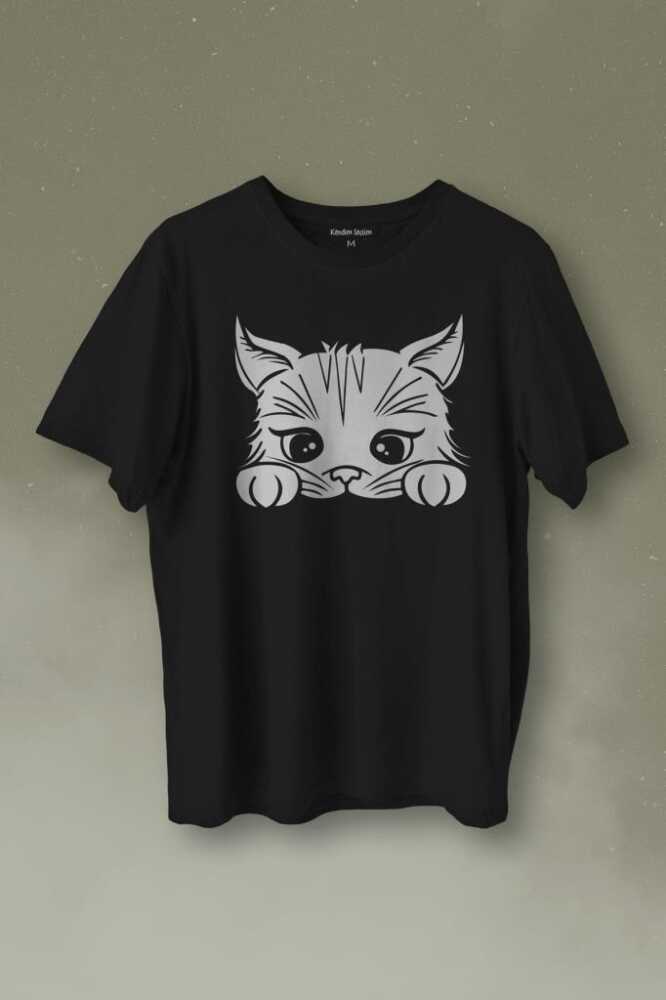 Sevimli Kedi Minik Patili Bıyıklı Cat Minnoş Baskılı Siyah Tişört Unisex