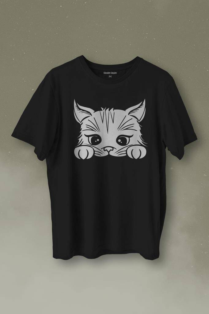 Sevimli Kedi Minik Patili Bıyıklı Cat Minnoş Baskılı Siyah Tişört Unisex