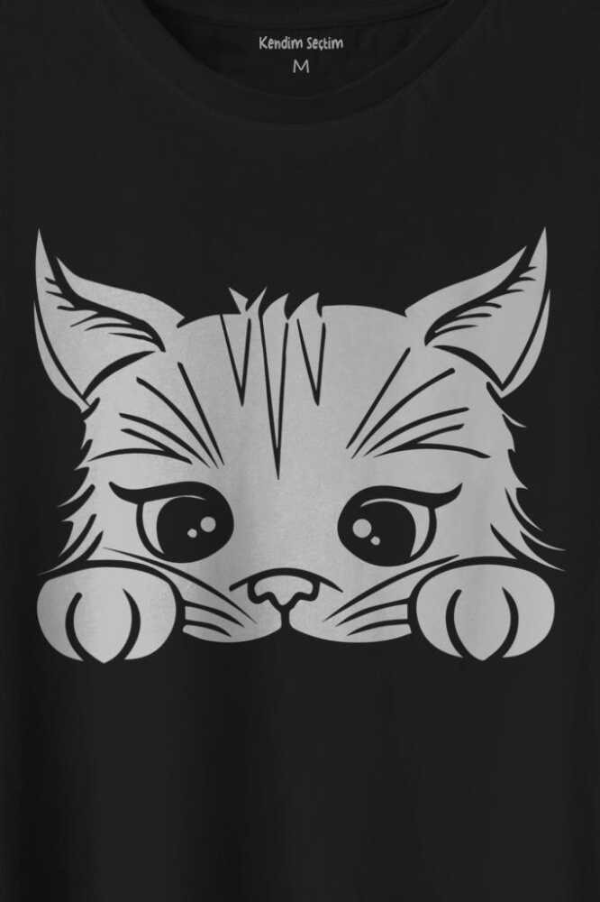 Sevimli Kedi Minik Patili Bıyıklı Cat Minnoş Baskılı Siyah Tişört Unisex (1)