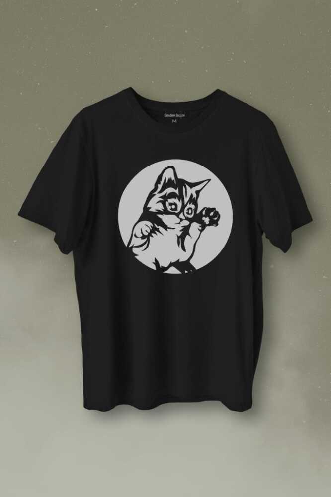 Minnoş Sevimli Kedi Minik Patili Bıyıklı Cat Baskılı Siyah Tişört Unisex