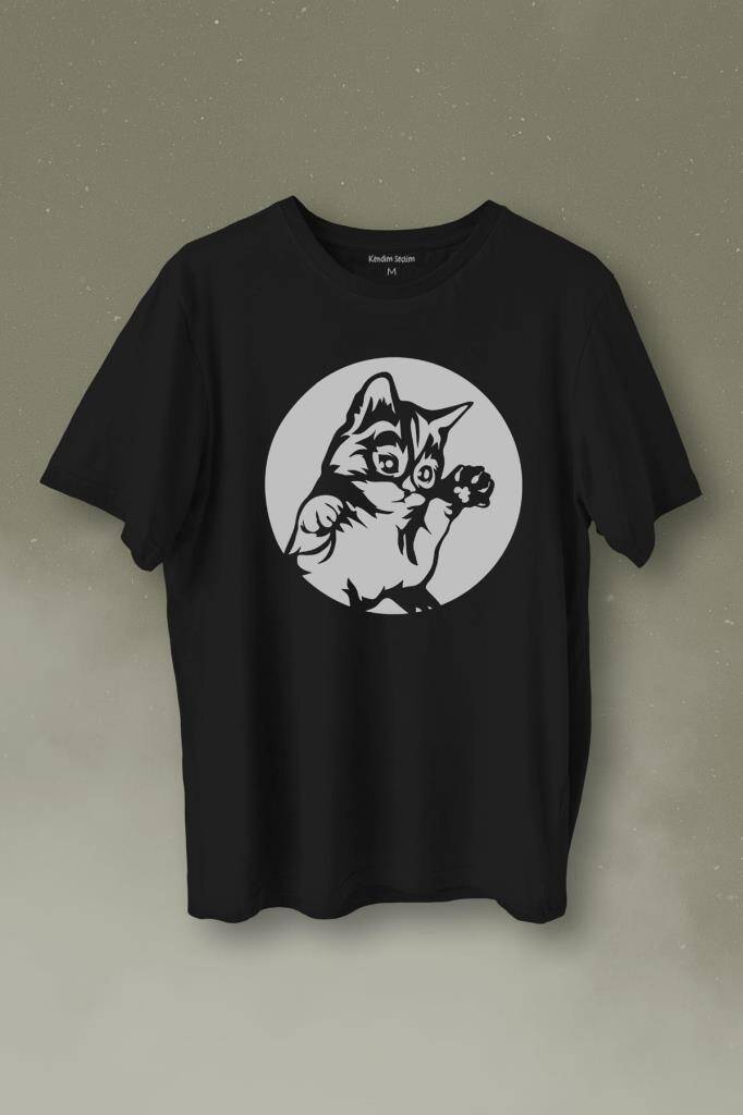 Minnoş Sevimli Kedi Minik Patili Bıyıklı Cat Baskılı Siyah Tişört Unisex