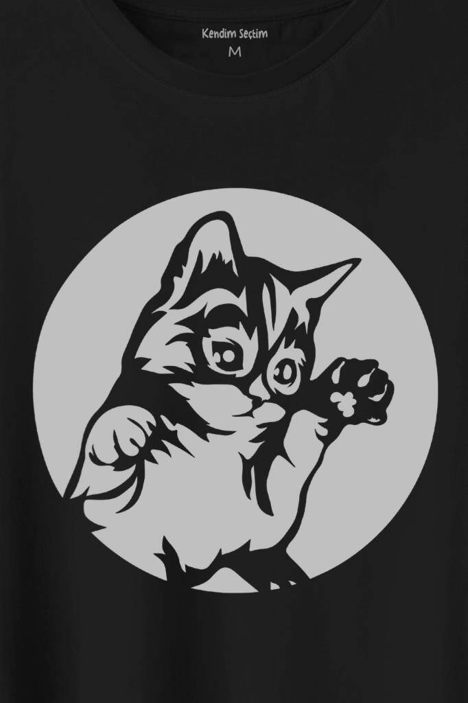 Minnoş Sevimli Kedi Minik Patili Bıyıklı Cat Baskılı Siyah Tişört Unisex (1)