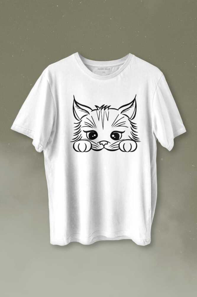 Sevimli Kedi Minik Patili Bıyıklı Cat Minnoş Baskılı Beyaz Tişört Unisex