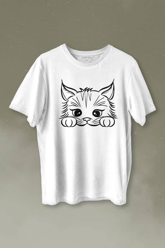 Sevimli Kedi Minik Patili Bıyıklı Cat Minnoş Baskılı Beyaz Tişört Unisex