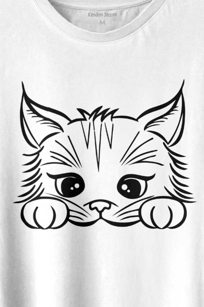 Sevimli Kedi Minik Patili Bıyıklı Cat Minnoş Baskılı Beyaz Tişört Unisex (1)