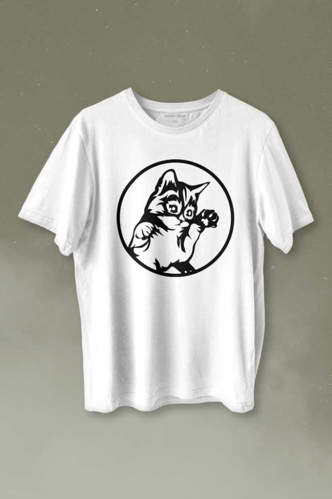 Minnoş Sevimli Kedi Minik Patili Bıyıklı Cat Baskılı Beyaz Tişört Unisex