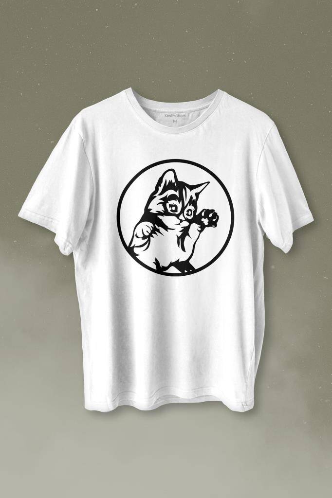 Minnoş Sevimli Kedi Minik Patili Bıyıklı Cat Baskılı Beyaz Tişört Unisex
