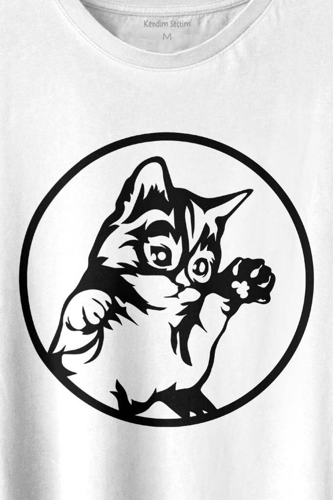 Minnoş Sevimli Kedi Minik Patili Bıyıklı Cat Baskılı Beyaz Tişört Unisex (1)