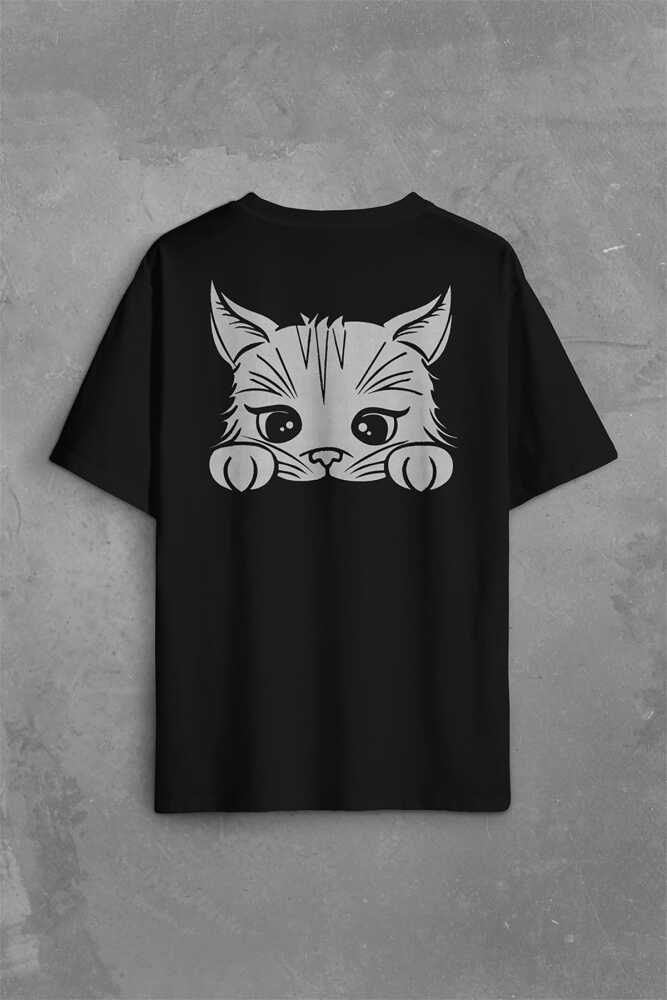 Sevimli Kedi Minik Patili Bıyıklı Cat Minnoş Sırt Ön Baskılı Oversize Tişört Unisex