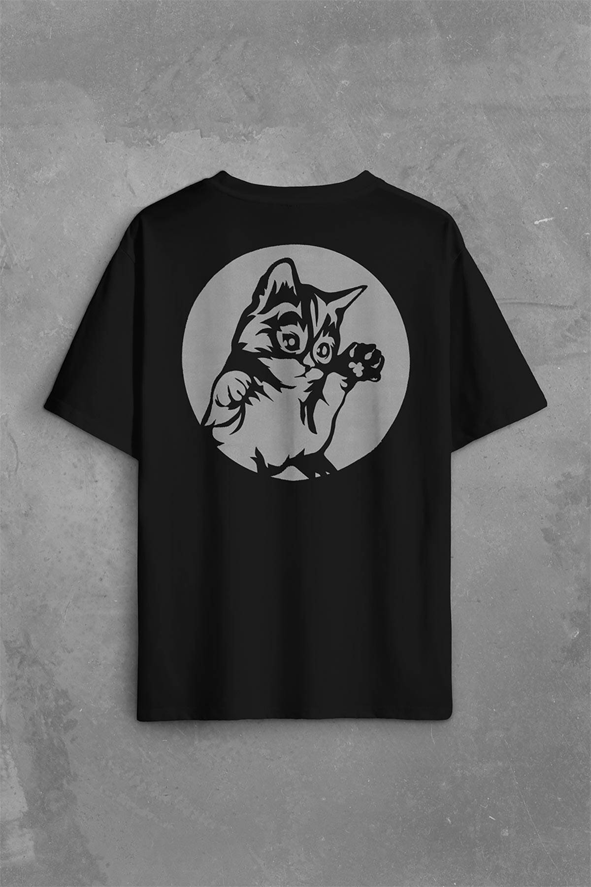 Minnoş Sevimli Kedi Minik Patili Bıyıklı Cat Sırt Ön Baskılı Oversize Tişört Unisex