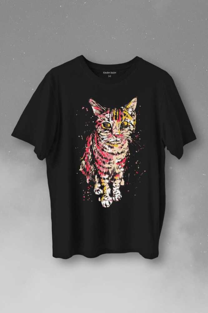 Sevimli Masum Rengarenk Kedi Çizim Silueti Baskılı Siyah Tişört Unisex