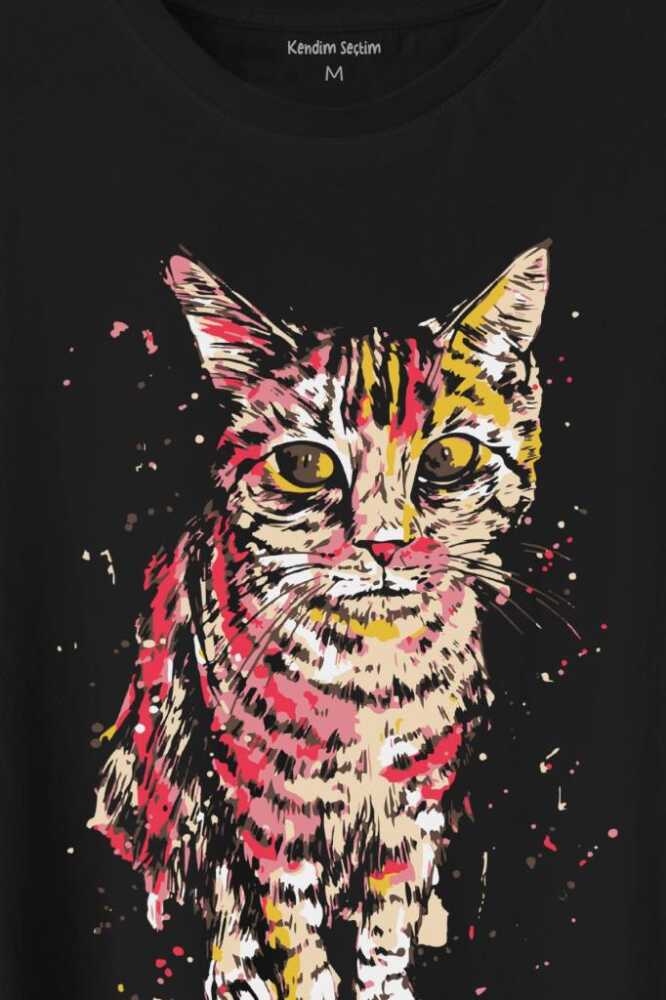 Sevimli Masum Rengarenk Kedi Çizim Silueti Baskılı Siyah Tişört Unisex (1)