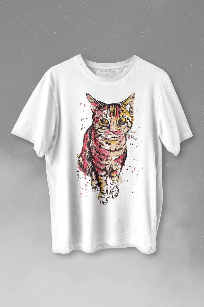 Sevimli Masum Rengarenk Kedi Çizim Silueti Baskılı Beyaz Tişört Unisex