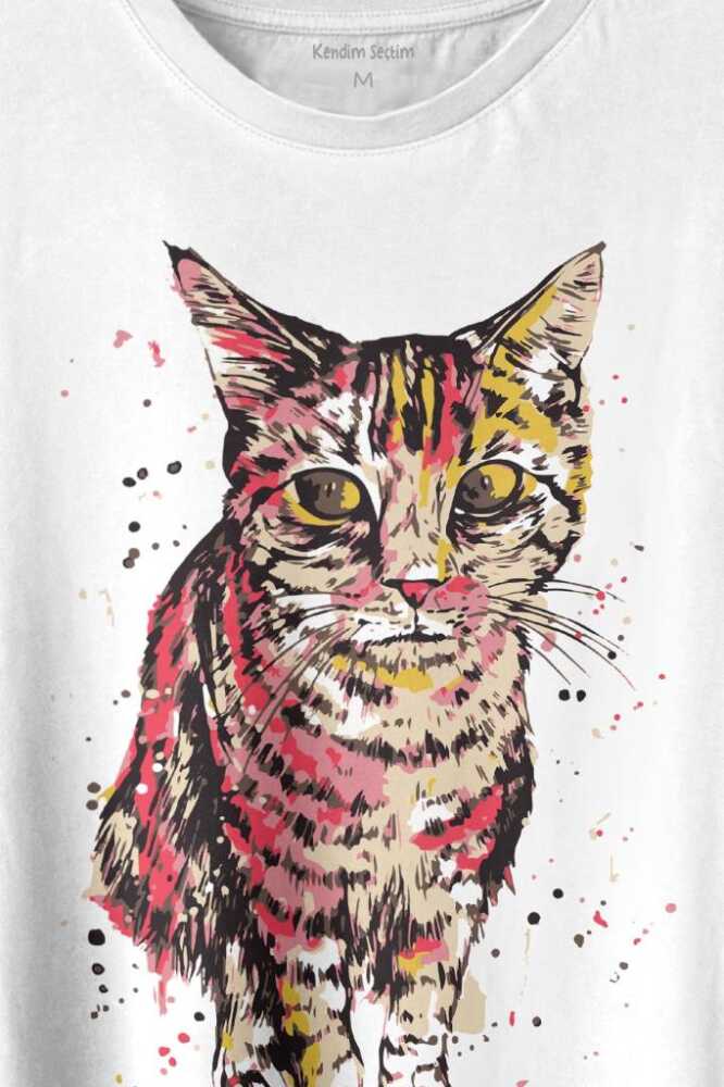 Sevimli Masum Rengarenk Kedi Çizim Silueti Baskılı Beyaz Tişört Unisex (1)