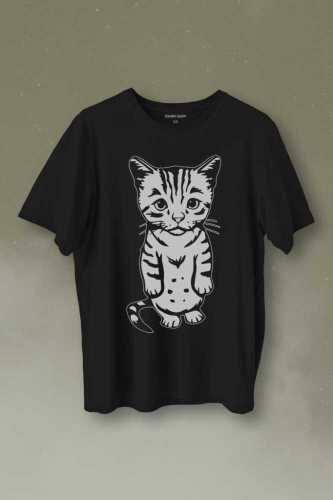 Sevimli Minik Patili Bıyıklı Cat Minnoş Mahçup Üzgün Kedi Baskılı Siyah Tişört Unisex